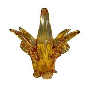 Amber Art Glass Basket Vase Hand Blown Murano Style Mid-Century Decorative